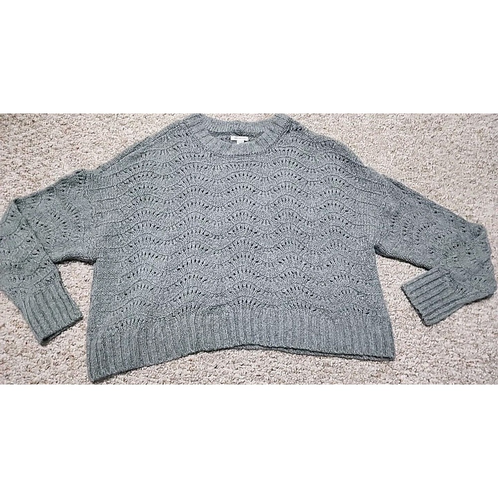 American Eagle Cropped Pointelle Knit Crew Neck Sweater Gray size XL NWT